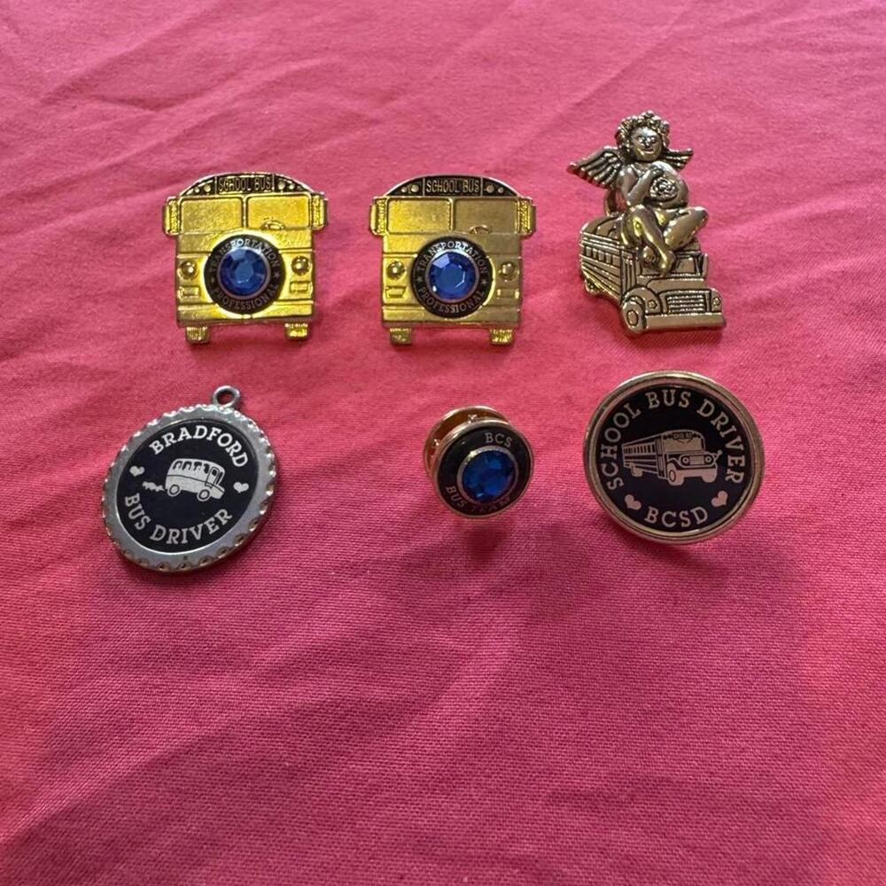 Lot of 6 school bus driver pins & medal w bus graphic and different text on each